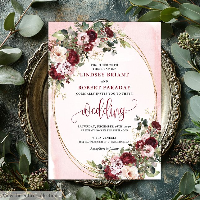 Convite Casamento de Rosas Douradas e Blush Marsala Boho R (Romantic Boho Marsala Blush Gold Roses Wedding Invite

)