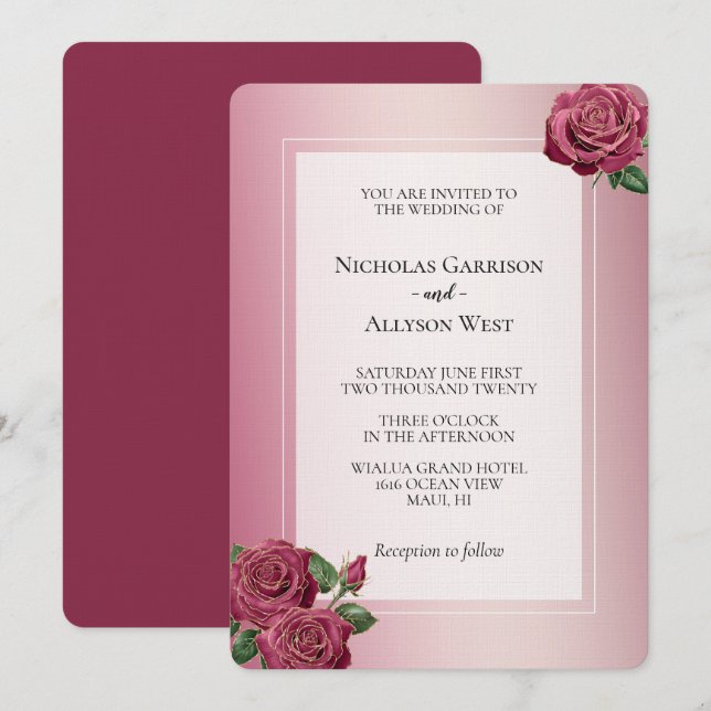 Convite Casamento de Rosas Dourados Blush Pink Burgundy (Frente/Verso)