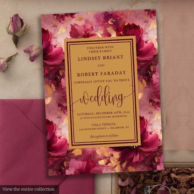 Convite Casamento de Rosas Dourados com Blush Vermelho  Mo (Modern Lux Deep Red Blush Gold Roses Wedding Invitation)