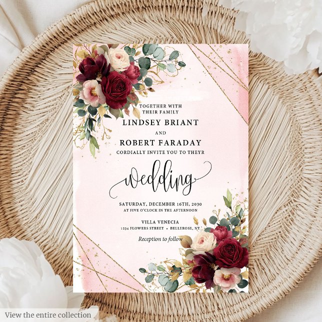Convite Casamento de Rosas Dourados de Blush Boho Burgundy (Elegant Boho Burgundy Gold Blush Roses Wedding Invitation)