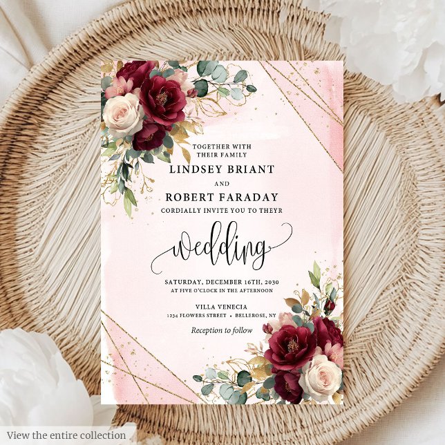 Convite Casamento de Rosas Dourados  E Vermelhos Glamoroso (Glamorous Boho Deep Red Gold Blush Roses Wedding Invitation)