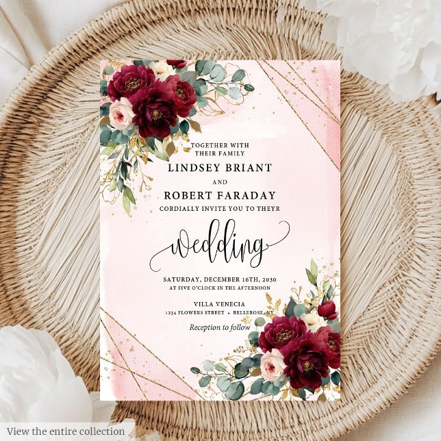 Convite Casamento de Rosas Dourados  Vermelhos Modernos Bo (Modern Boho Deep Red Gold Blush Roses Wedding Invitation)