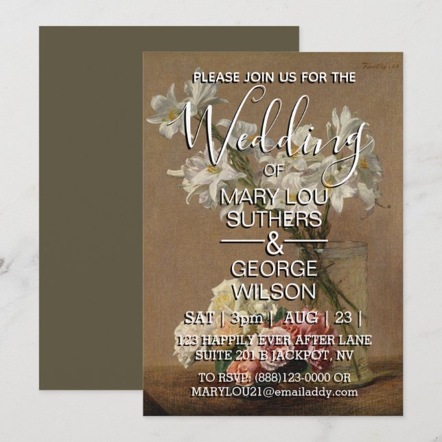 Convite Casamento de rosas e lírios (Frente/Verso)