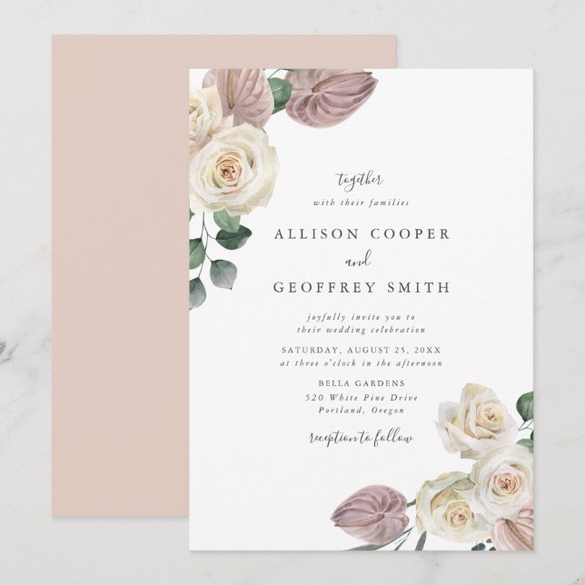 Convite Casamento de Rosas e Orquídeas em Aquarela (Frente/Verso)