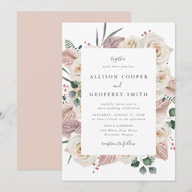 Convite Casamento de Rosas e Orquídeas em Aquarela (Frente/Verso)