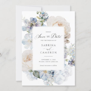 Convite Casamento de Rosas Elegantes Florais Dusty Blue