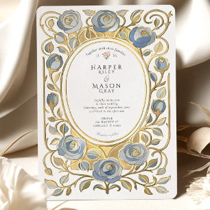 Convite Casamento de Rosas em Azul Poeirento e Dourado no