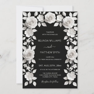Convite Casamento de Rosas em Relevo Falso Preto e Branco