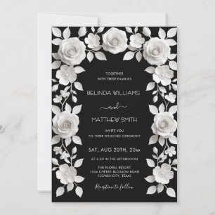 Convite Casamento de Rosas em Relevo Falso Preto e Branco