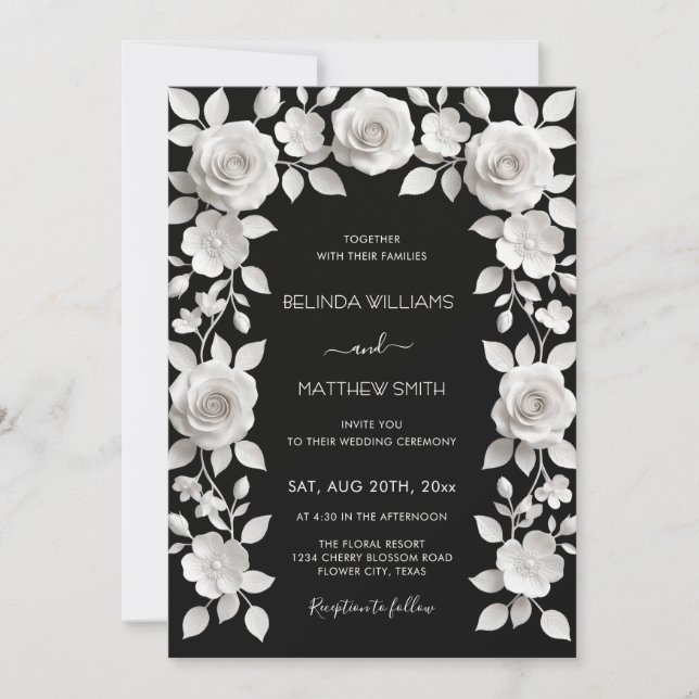 Convite Casamento de Rosas em Relevo Falso Preto e Branco (Frente)