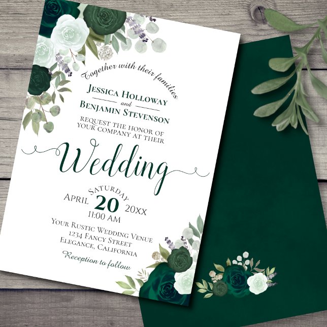 Convite Casamento de Rosas Emerald Green Watercolor (Front and Back)