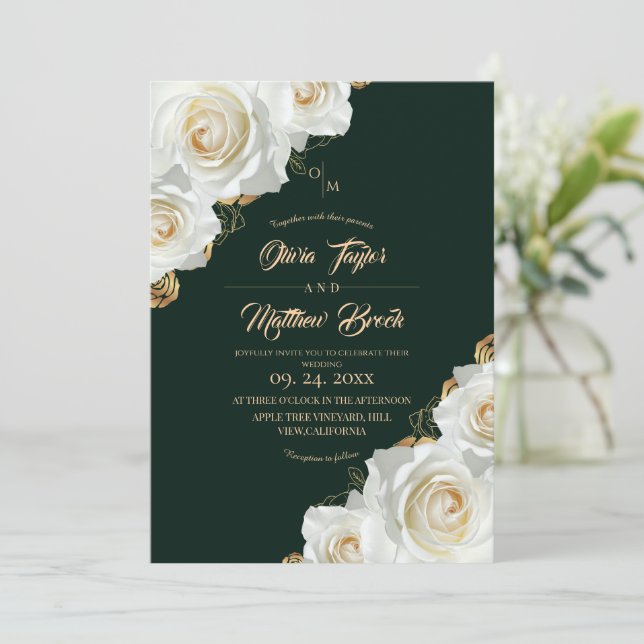 Convite Casamento de Rosas Esmeralda Verde e Brancas (Em pé/Frente)