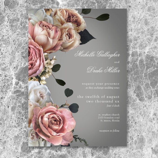 Convite Casamento de Rosas Florais Brancas Elegantes (Elegant Pink White Floral Roses Gray Wedding Invitation)