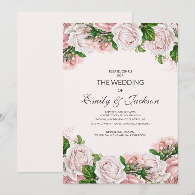 Convite Casamento de Rosas Florais Cor-de-Rosa Elegante (Frente/Verso)