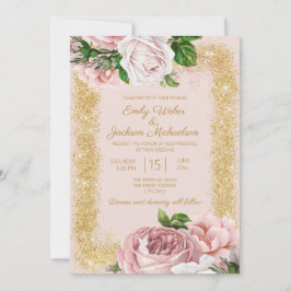 Convite Casamento de Rosas Florais Cor-de-Rosa Elegantes c