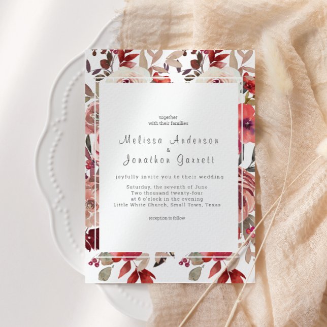 Convite Casamento de Rosas Florais Red Blush (Criador carregado)