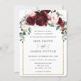 Convite Casamento de Rosas Florais Rustic Blush Burgundy