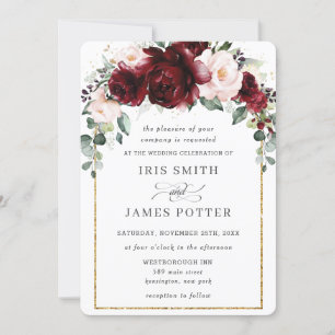 Convite Casamento de Rosas Florais Rustic Blush Burgundy