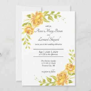 Convite Casamento de Rosas Floral, Elegante Amarelo e Lara