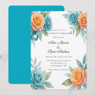 Convite Casamento de Rosas Laranja e Azul-turquesa em Aqua
