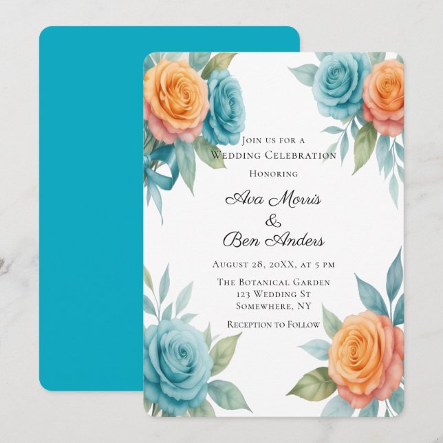 Convite Casamento de Rosas Laranja e Azul-turquesa em Aqua (Frente/Verso)