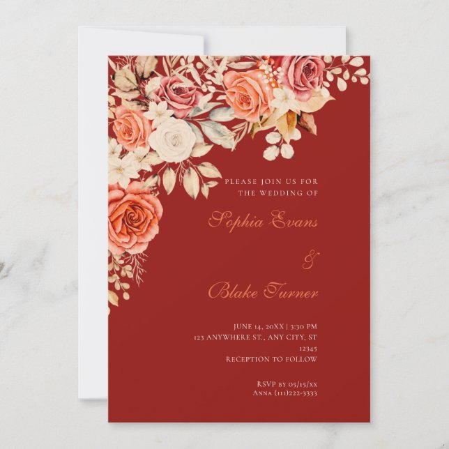 Convite Casamento de Rosas Laranja e Brancas Elegantes com (Frente)