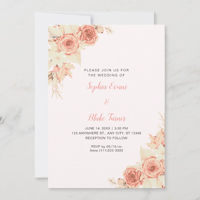 Convite Casamento de Rosas Laranja Rústicas Elegantes Outo (Frente)