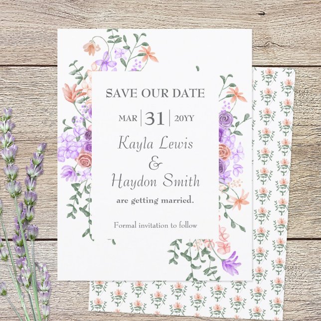 Convite Casamento de Rosas Lilac e Peach Salvar a Data (lilac and peach SAVE OUR DATE wedding announcement)