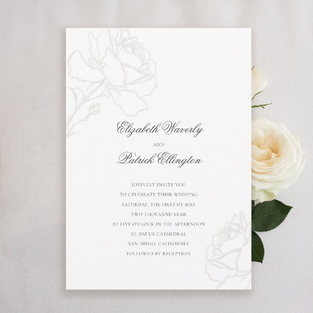 Convite Casamento de rosas Mínimos de Gravata Negra (formal traditional wedding invitation pale ivory roses black tie modern classic elegant minimalist)