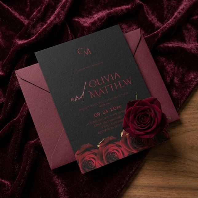 Convite Casamento de Rosas Pretas e Vermelhas Modernas (Criador carregado)