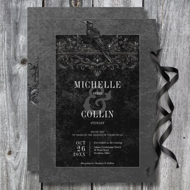 Convite Casamento de Rosas Pretos Góticos Raven e Pretos (Gothic Black Raven & Black Roses Wedding Invitation)