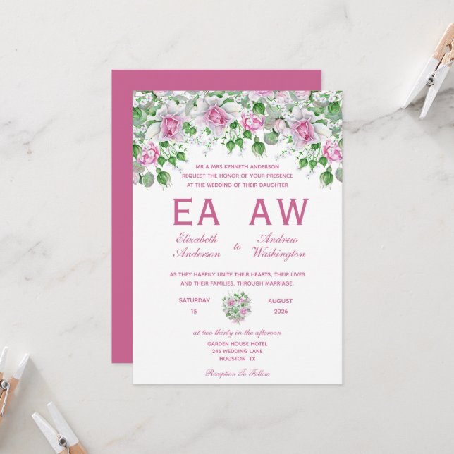 Convite Casamento de Rosas Românticas Rosa (Frente/Verso In Situ)