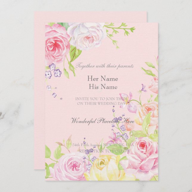 Convite Casamento de Rosas Românticos de Aquarela Rosa (Frente/Verso)