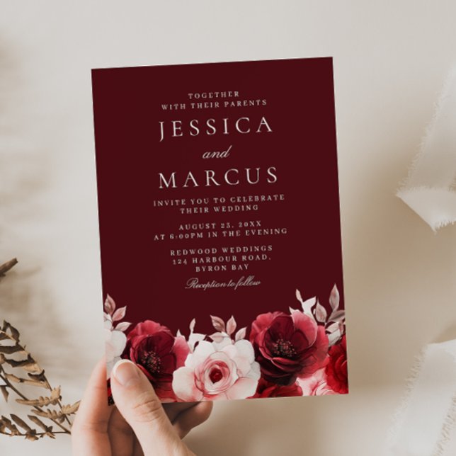 Convite Casamento de Rosas Românticos de Elegância Vermelh (Criador carregado)