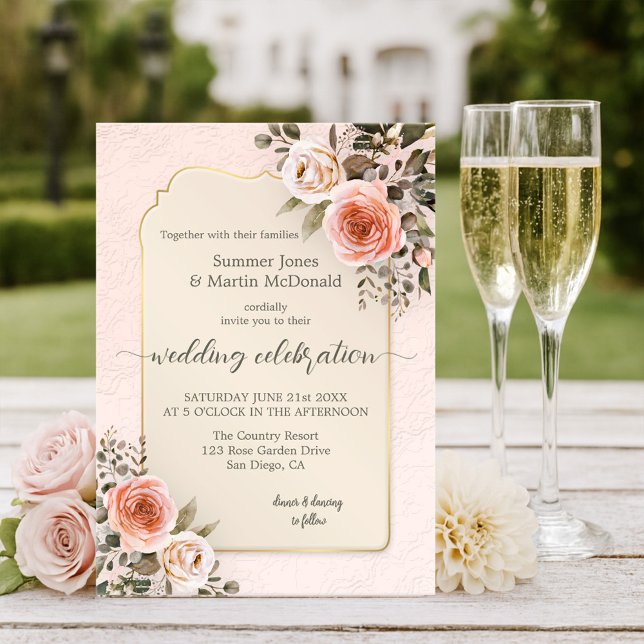 Convite Casamento de Rosas Rosa Água-marinha Chic Retro (Watercolor wedding invitation featuring blush pink roses on romantic retro peach and tan)