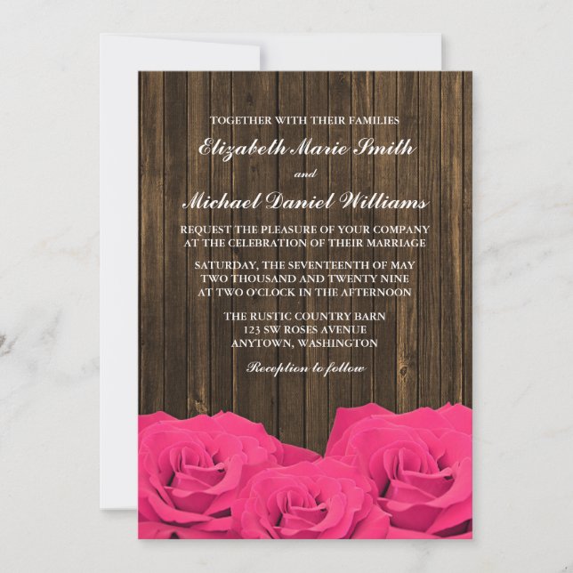 Convite Casamento de Rosas Rosa Barn Wood (Frente)