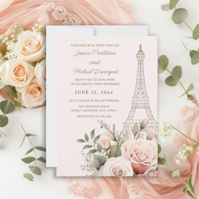 Convite Casamento de Rosas Rosa Eiffel Tower Paris (Eiffel Tower Pink Roses wedding invitation)
