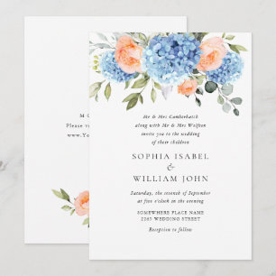 Convite Casamento de Rosas Rosa-Rosa-Blush - Hydrangea Azu