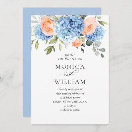 Convite Casamento de Rosas Rosa-Rosa-Blush - Hydrangea Azu