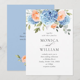 Convite Casamento de Rosas Rosa-Rosa-Blush - Hydrangea Azu
