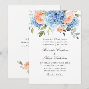 Convite Casamento de Rosas Rosa-Rosa-Blush - Hydrangea Azu