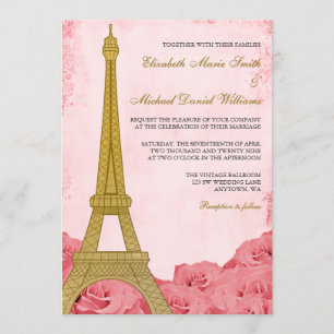 Convite Casamento de Rosas Rosa Rosa Eiffel, Torre Dourada