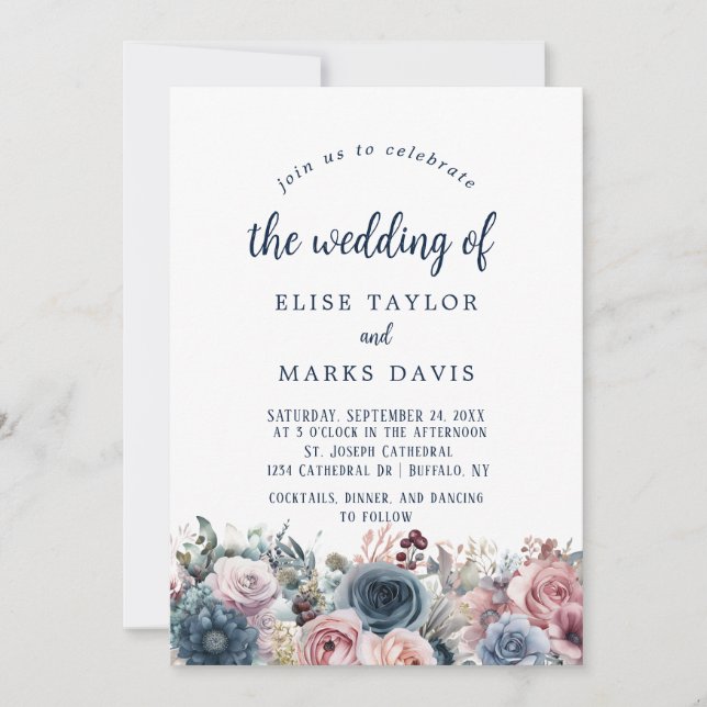 Convite Casamento de Rosas Rosa-Rosa marinho Azul (Frente)