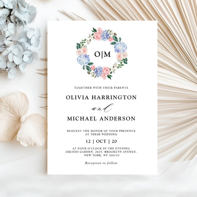 Convite Casamento de rosas rosa-rosa pastoreadas com hidra (Dusty blue hydrangeas pastel pink roses wedding in invitation)