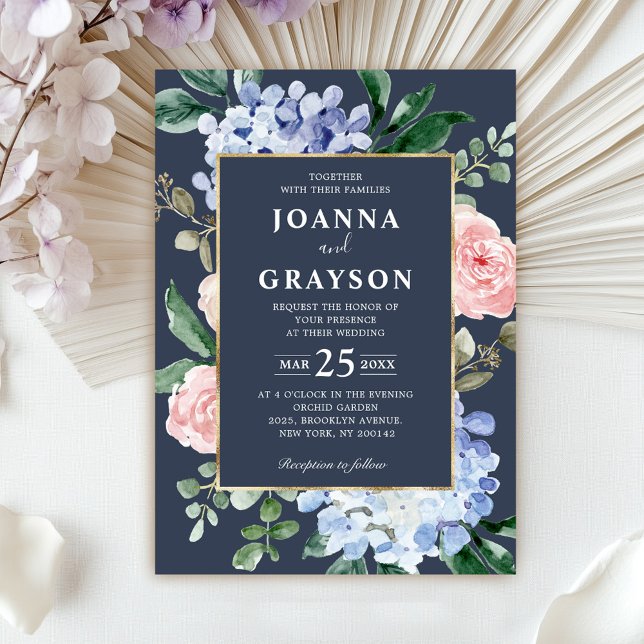 Convite Casamento de rosas rosa-rosa pastoreas pastoreas a (Dusty blue hydrangeas pastel pink roses wedding in invitation)