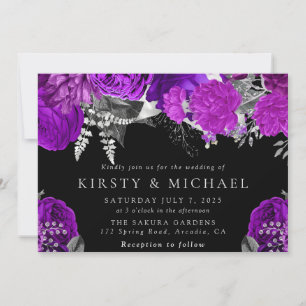 Convite Casamento de Rosas Roxas e Prata em Aquarela