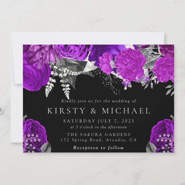 Convite Casamento de Rosas Roxas e Prata em Aquarela (Frente)