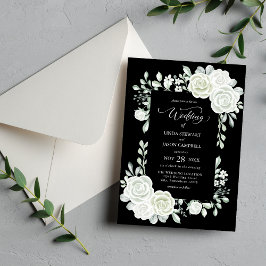 Convite Casamento de Rosas Tropicais em Preto e Branco Gót