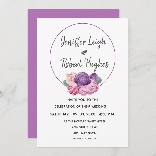 Convite Casamento de Rosas Ultra Violeta e Rosa (Frente/Verso)