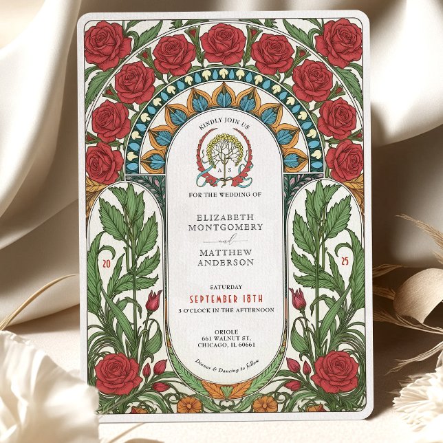 Convite Casamento de Rosas Vermelhas Art Nouveau (Criador carregado)